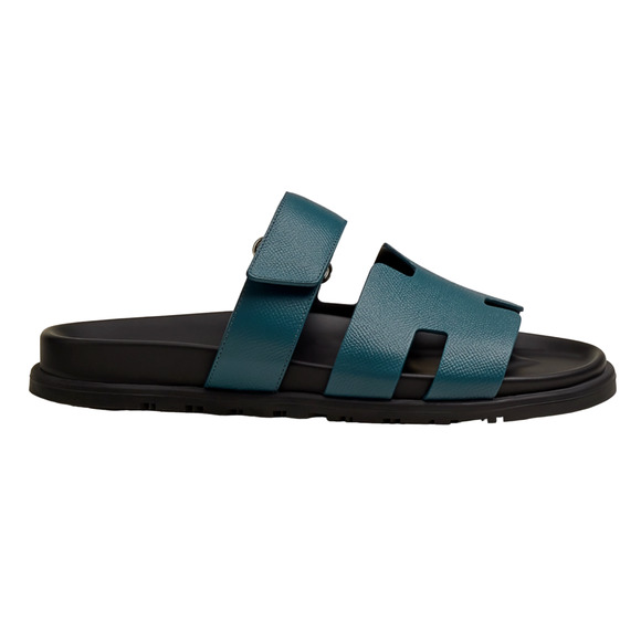 Hermes Chypre Sandal Mens Black Blue H Logo Strap Slide Slip On Flop Flat 44 11 - Picture 1 of 12